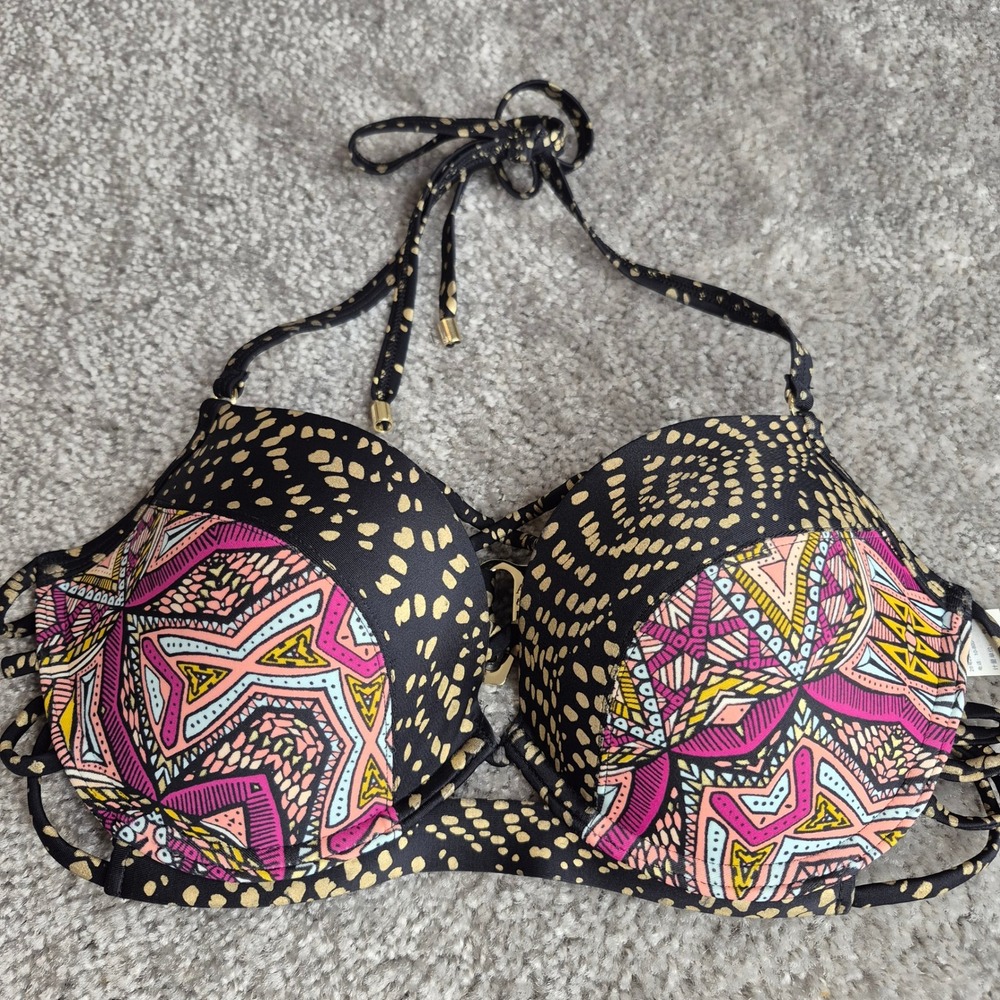 Abercrombie & Fitch Womens Push Up Bikini Top Black Geometric Gold Sz 34D